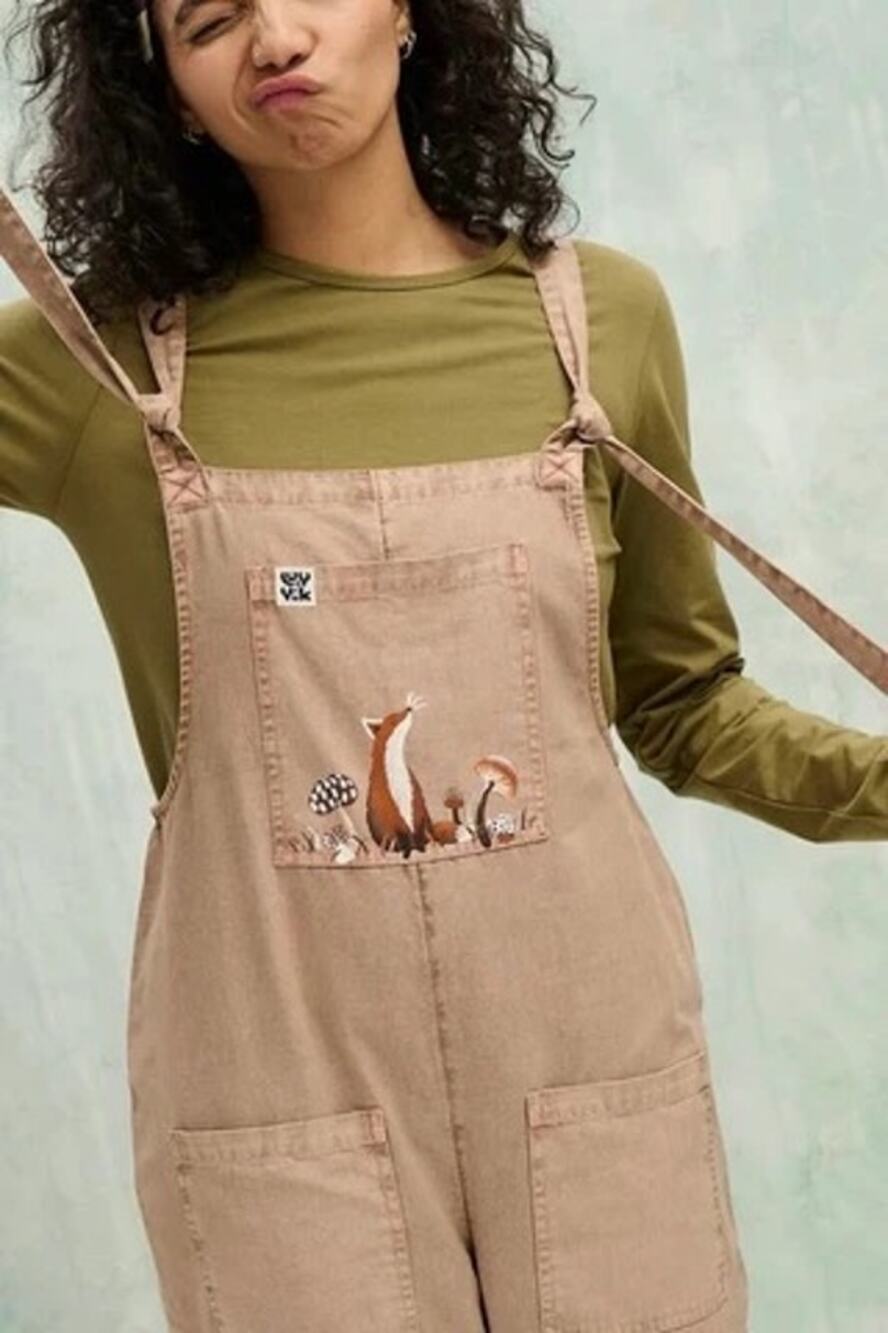 Lucy & Yak Foraging Foxes Mushrooms Organic Dungarees Cottage Fairy Plus Size 22